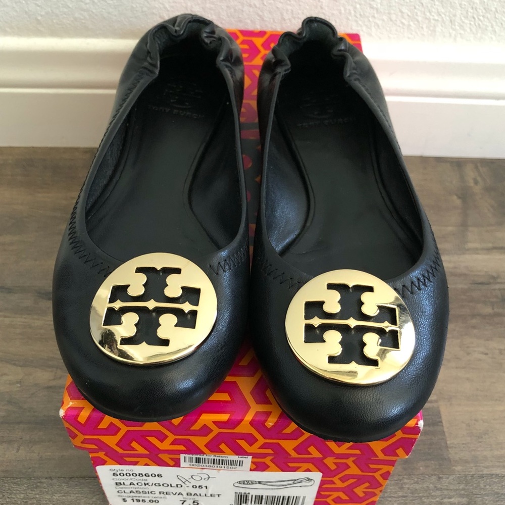 Tory Burch Reva Flats Black Leather/Gold Medallion